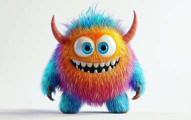 Fototapeta premium Friendly colorful monster with small horns and a big smile, isolated on a white surface