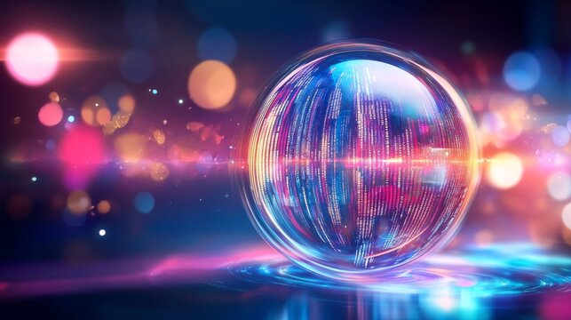 Futuristic digital code swirling inside a glowing sphere in a realistic photo capture