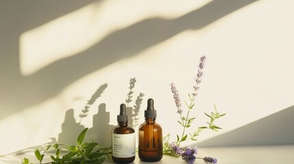 Minimalist Skincare Scene Herbal Infusion with Chamomile and Lavender on Soft Background Wellness Content for Eco-Friendly Beauty Branding and Spa Merchandising