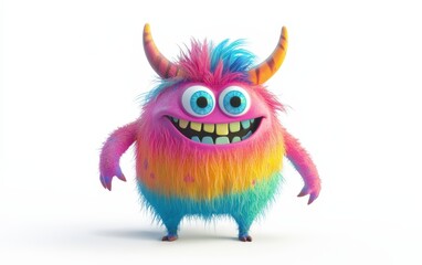 Fototapeta premium Friendly colorful monster with small horns and a big smile, isolated on a white surface