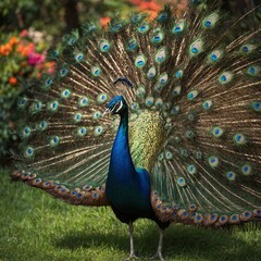 Obraz premium A peacock spreading its vibrant, iridescent feathers in a lush garden.A pair of lovebirds cuddling on a branch.A colorful peacock spreading its feathers in a lush green garden.