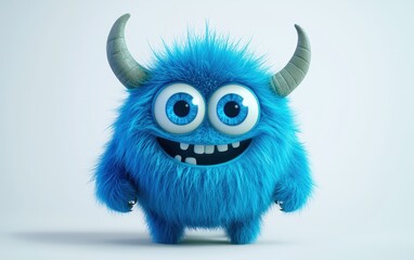 Naklejka premium funny Fluffy bright monster with horns and big blue eyes, cartoon charachter standing on a bright white background