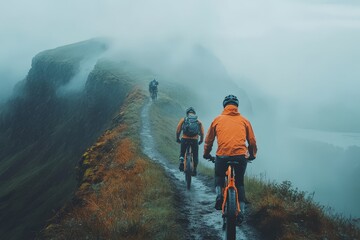 Three cyclists wearing orange jackets ride mountain bikes along a narrow, foggy mountain trail during misty weather.