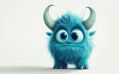 Fototapeta premium funny Fluffy bright monster with horns and big blue eyes, cartoon charachter standing on a bright white background