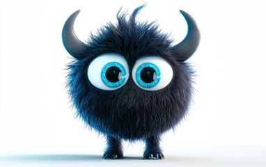 Fototapeta premium funny Fluffy bright monster with horns and big blue eyes, cartoon charachter standing on a bright white background