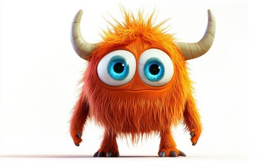 Fototapeta premium funny Fluffy bright monster with horns and big blue eyes, cartoon charachter standing on a bright white background