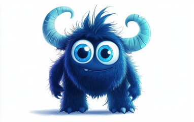 funny Fluffy bright monster with horns and big blue eyes, cartoon charachter standing on a bright white background
