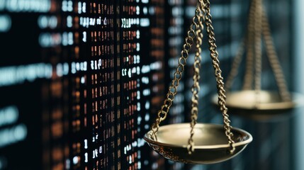 Digital scales of justice contrasted against a backdrop of a data center, symbolizing the intersection of law, technology, and modern balance.
