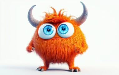 funny Fluffy bright monster with horns and big blue eyes, cartoon charachter standing on a bright white background