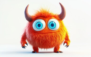 Naklejka premium funny Fluffy bright monster with horns and big blue eyes, cartoon charachter standing on a bright white background