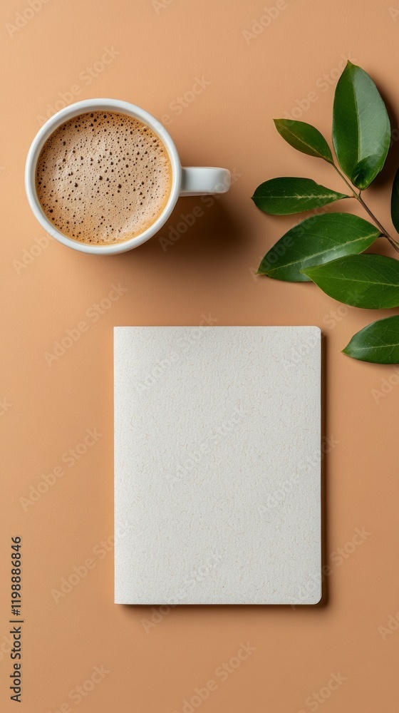 Poster modern minimalist workspace textured notepad and coffee on vibrant backdrop - ideal for productivity