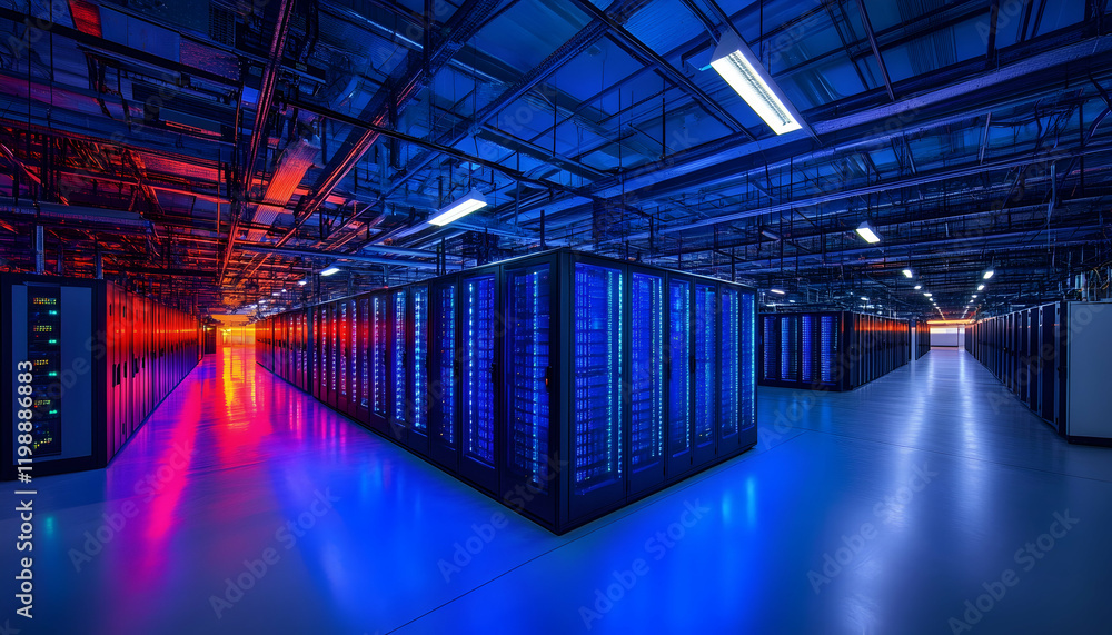 Poster rows of server racks in a well-lit modern data center, emphasizing technology and connectivity -