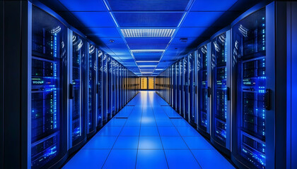 Fototapeta premium rows of server racks in a well-lit modern data center, emphasizing technology and connectivity -