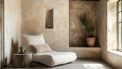 Rustic minimalist living room with a fabric lounge chair wooden side table and stucco walls -