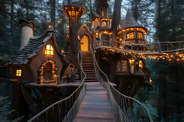 A whimsical treehouse illuminated at dusk, nestled among towering trees in a serene forest.