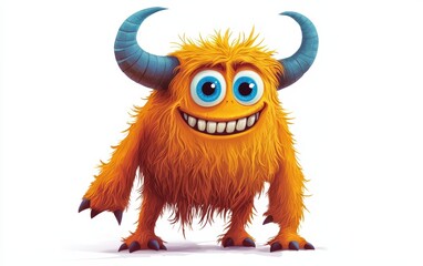 Fototapeta premium funny Fluffy bright monster with horns and big blue eyes, cartoon charachter standing on a bright white background