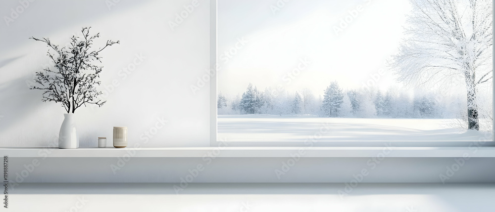 Poster scandinavian design with a white empty room featuring a shelf and a view of a snow-covered winter la