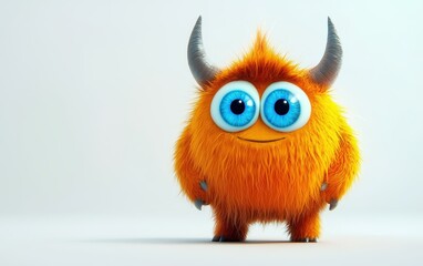 Fototapeta premium funny Fluffy bright monster with horns and big blue eyes, cartoon charachter standing on a bright white background
