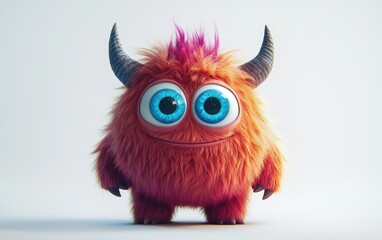 funny Fluffy bright monster with horns and big blue eyes, cartoon charachter standing on a bright white background
