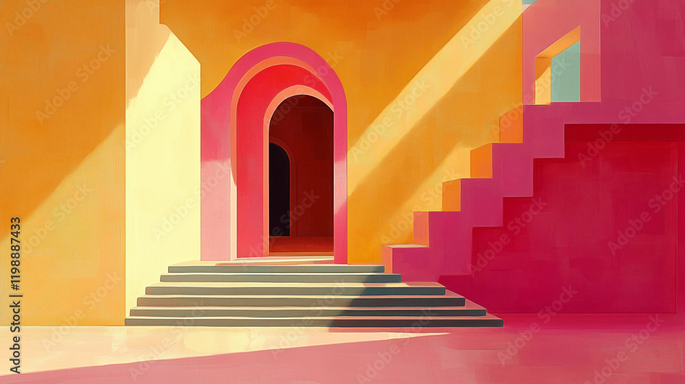 Poster staircase with colorful architecture and abstract design creating a vibrant and artistic composition