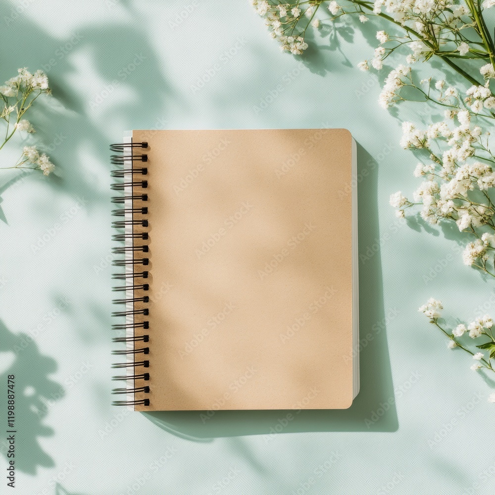 Poster minimalist stationery flat lay spiral notebook with blank pages and delicate petals - inspiring crea