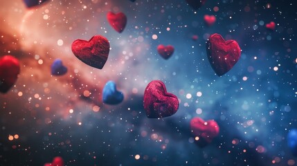 Red and blue hearts floating in cosmic dust and nebulae with soft lighting