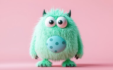 Fototapeta premium Furry green 3D monster with a visible belly button, round tummy, and blue polka dots, placed on a pastel pink background