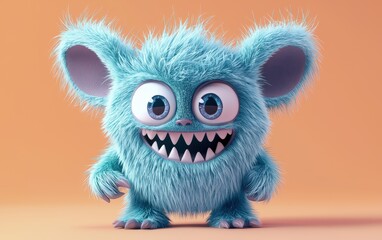 Fototapeta premium Furry light blue 3D monster with big floppy ears and a wide grin, on a pastel orange background