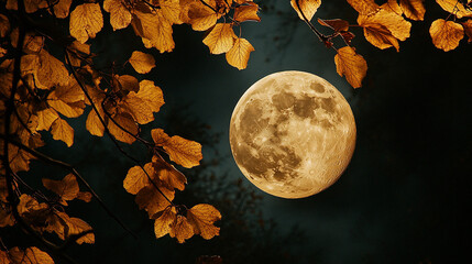 Full moon shines brightly through autumn leaves on a clear night sky