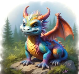 Obraz premium Illustration of fluffy tiny dragon baby.