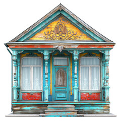 Vibrant and Charming Vintage House with Intricate Architectural Details and Colorful Facade