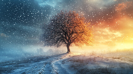 Fototapeta premium Winter sunset over a solitary tree with snowfall in a serene landscape