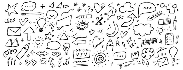 Creative doodles with various shapes, symbols, and icons on a white background showcasing artistic expression and imagination
