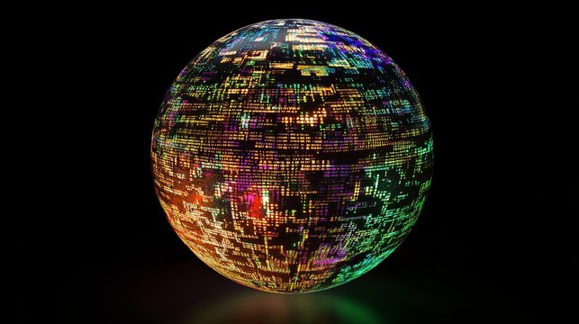 A colorful sphere enriched with complex futuristic digital code in a realistic setting