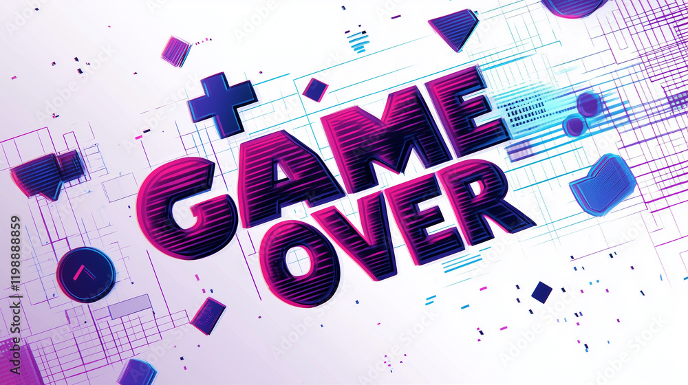 Poster text graphic game over design with vibrant colors and abstract shapes for modern gaming