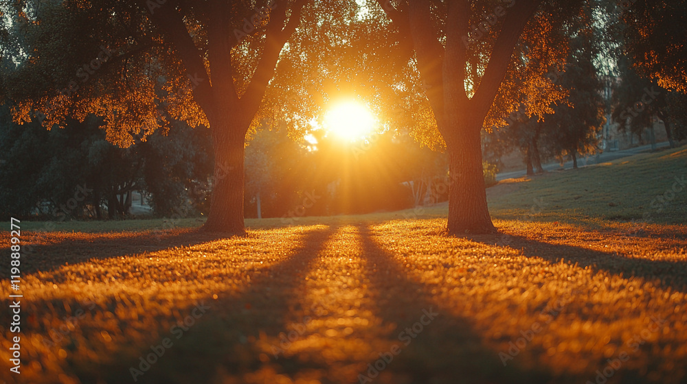 Poster sunset casting long shadows between trees in a serene park setting