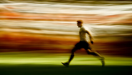 Soccer player in motion during a dramatic match scene at a stadium -