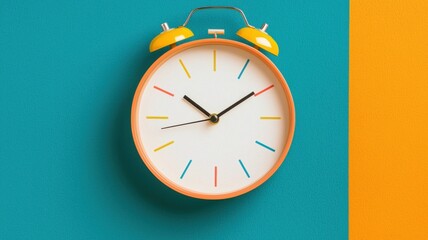 A colorful alarm clock against a teal and orange background, showcasing a minimalist design with bright hour markers.