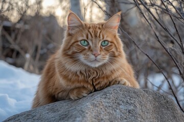 Obraz premium Ginger Norwegian Forest Cat in snowy forest closeup shot