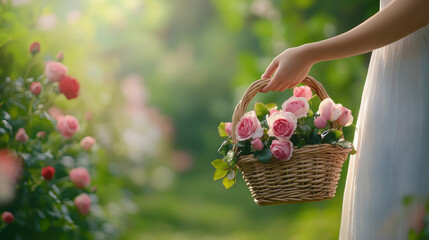Lovely woman holding a romantic basket of roses in a garden celebrating valentine's passion and wedding anniversaries realistic photo viewpoint for heartfelt invitations