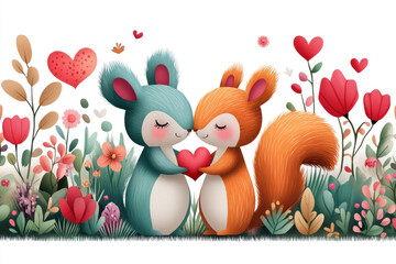 Naklejka premium Lovely valentine sticker featuring cute squirrel in love pastel color design for romantic invitations and anniversary celebrations