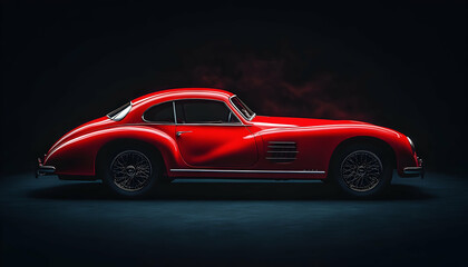 Striking red car displayed against a dark dramatic backdrop -