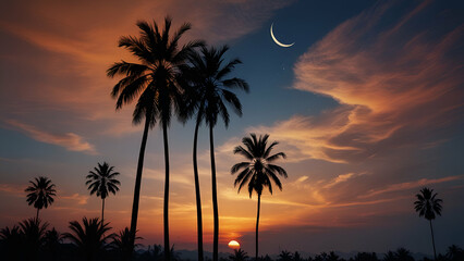 Obraz premium Serene Palms Beach Night with Moon A Tranquil Scene of Nature's Beauty and Calm Reflection