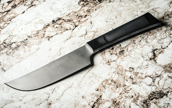Modern kitchen knife with a smooth steel finish and a sleek black handle, isolated on a light background