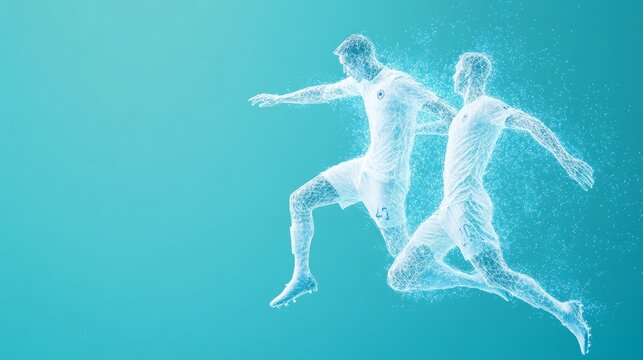 Neon Futuristic Football Art Two South Korean Players in Dynamic Mid-Air Header Duel - Modern Sports Marketing and Engaging Fan Experiences with Motion Highlights - Powered by Adobe