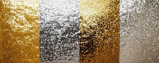 A shimmering display of metallic textures in gold and silver hues, showcasing a variety of reflective surfaces.