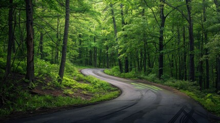 Obraz premium Curved Road Surrounded by Lush Trees in a Forest