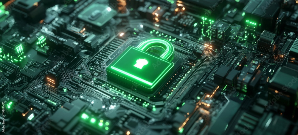 Poster digital circuit board with green lock symbol representing cybersecurity and data protection in today