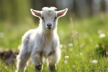 Obraz premium Adorable White Goat Kid Grazing on Green Spring Grass - Cute Baby Animal on Farm