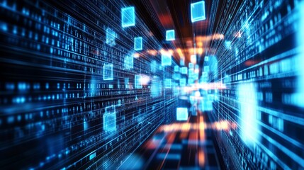 Blue glowing digital cubes descending through a futuristic tech tunnel in a realistic capture